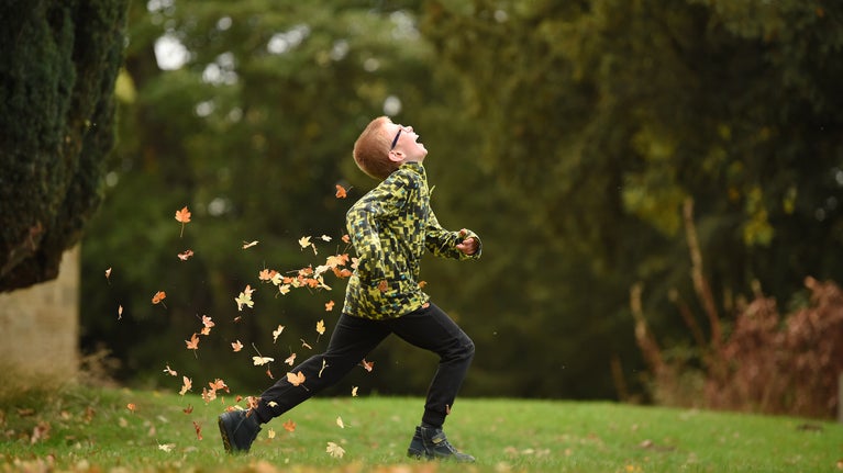 A young boy running gleefully through some autumn leaves in a garden leaving a flurry of leaves behind him